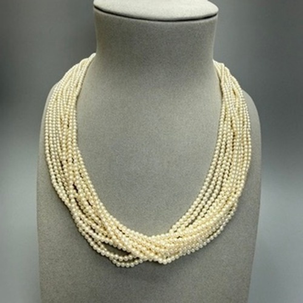 VTG 1980s Multi Strand Necklace 20" Gold Tone Cream Faux Pearl Statement Costume